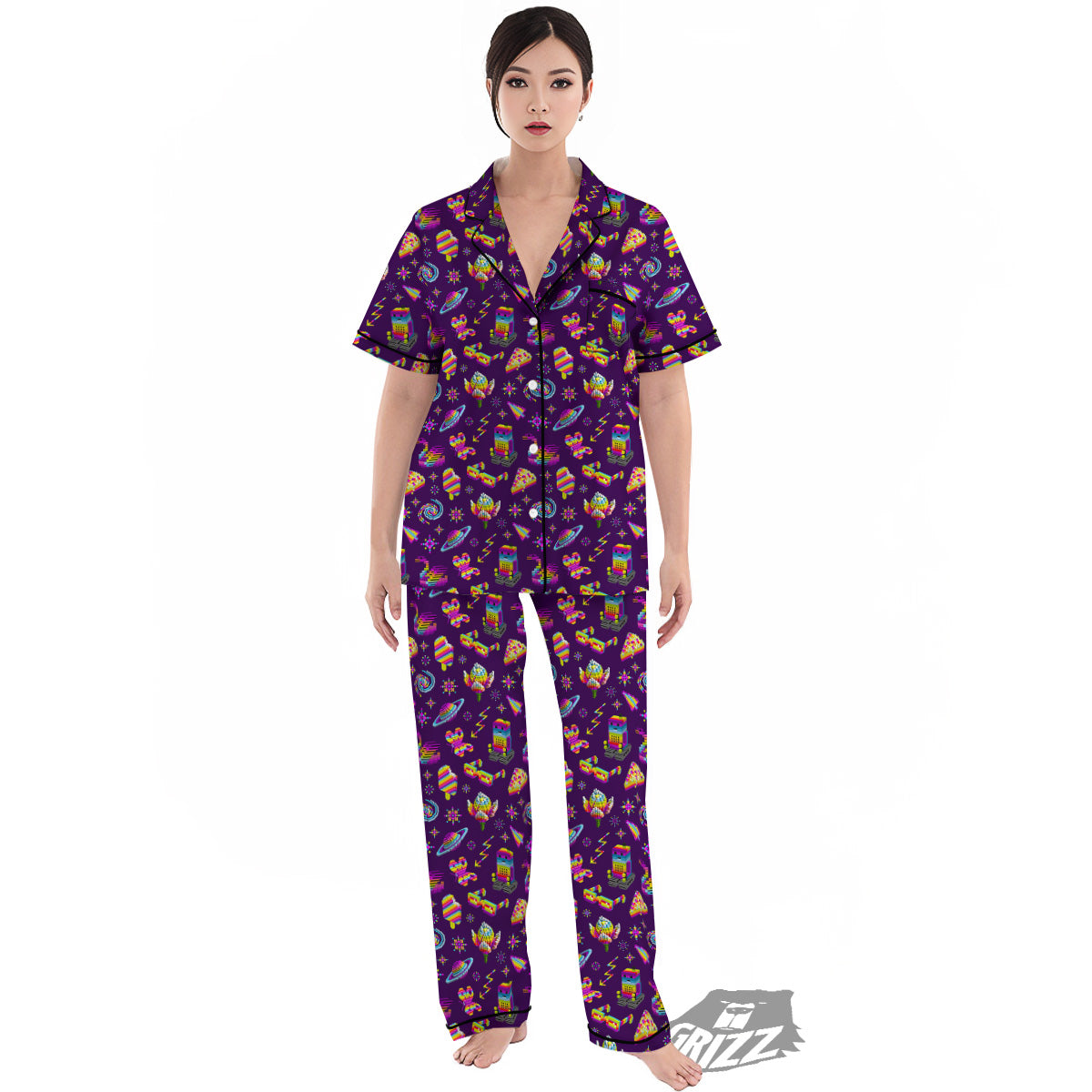 3D Pixel Cartoon Print Pattern Women's Pajamas Set-grizzshop