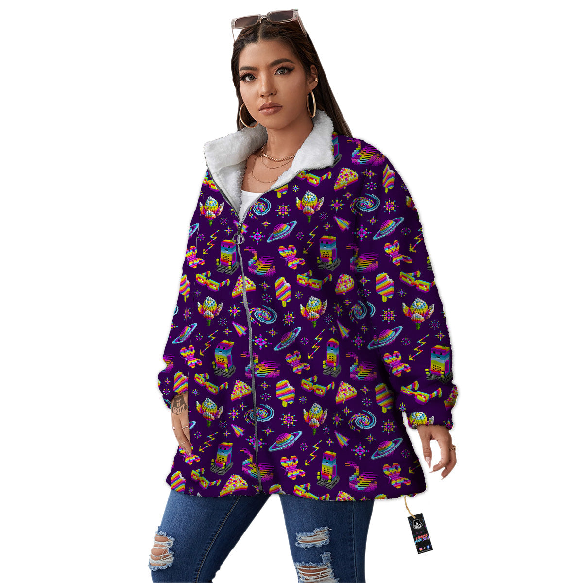 3D Pixel Cartoon Print Pattern Women's Sherpa Jacket-grizzshop