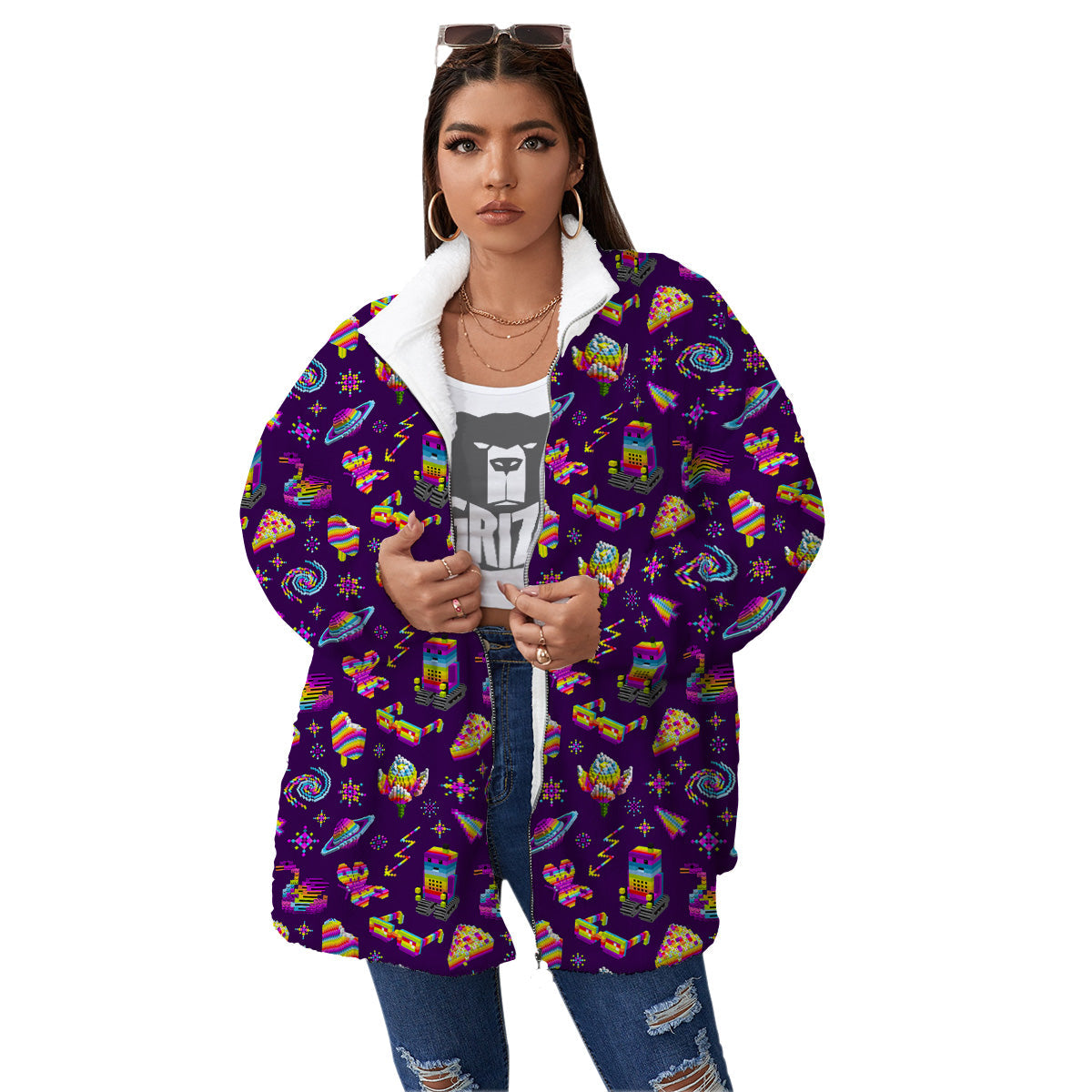 3D Pixel Cartoon Print Pattern Women's Sherpa Jacket-grizzshop