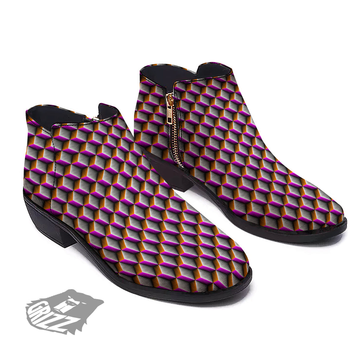 3D Rhombus Print Pattern Ankle Boots-grizzshop