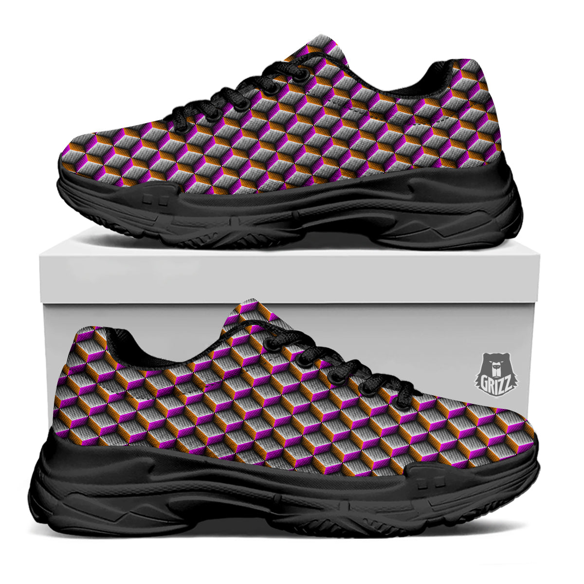 3D Rhombus Print Pattern Black Chunky Shoes-grizzshop