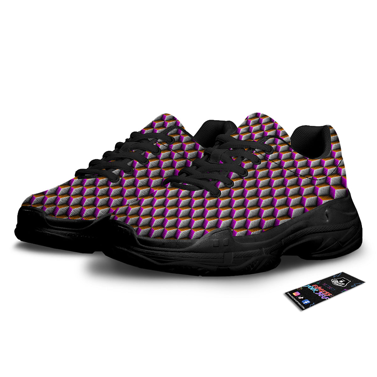 3D Rhombus Print Pattern Black Chunky Shoes-grizzshop