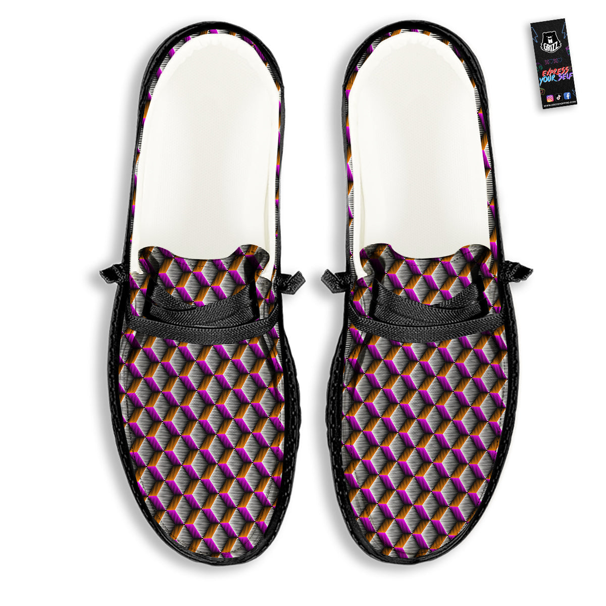 3D Rhombus Print Pattern Black Loafers-grizzshop