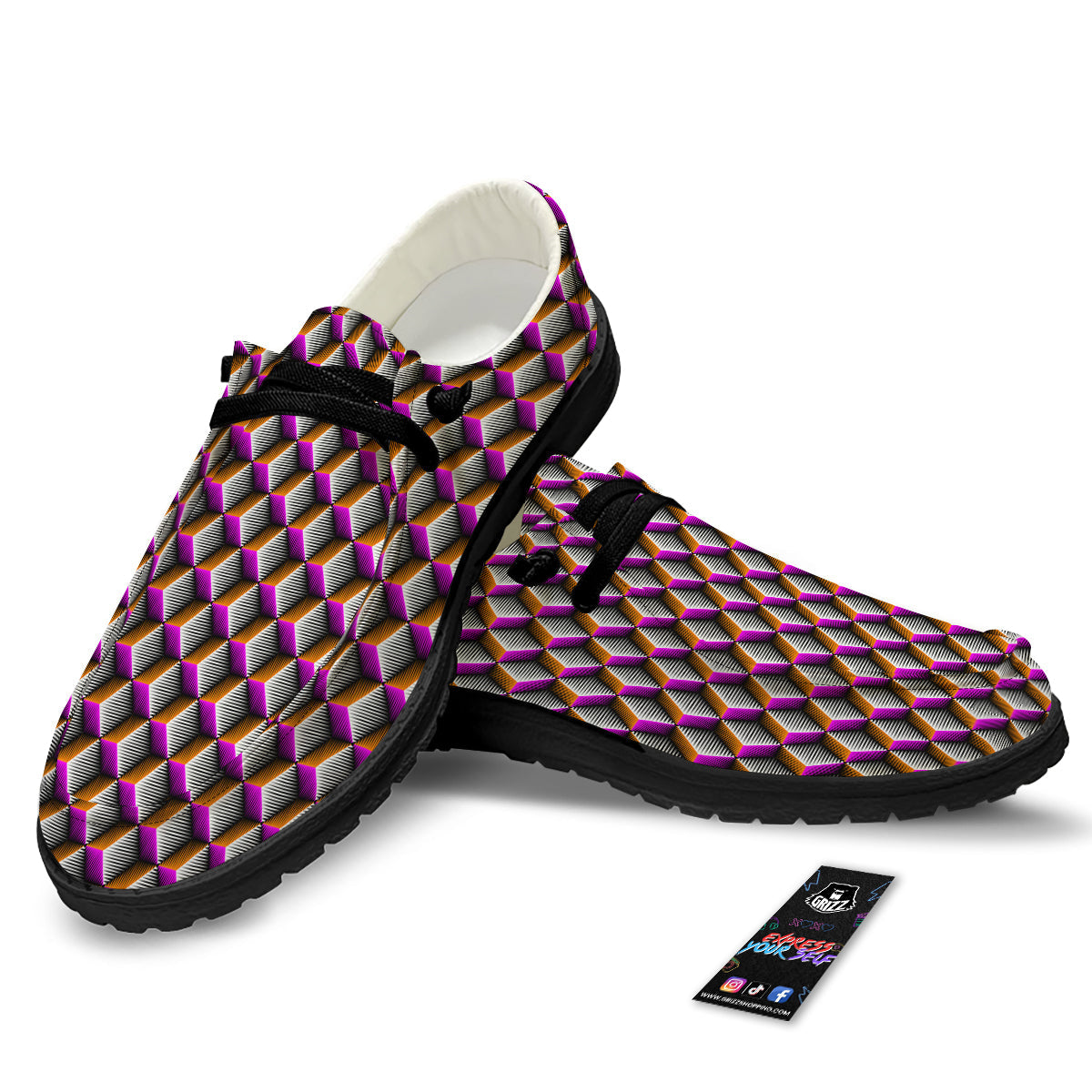 3D Rhombus Print Pattern Black Loafers-grizzshop