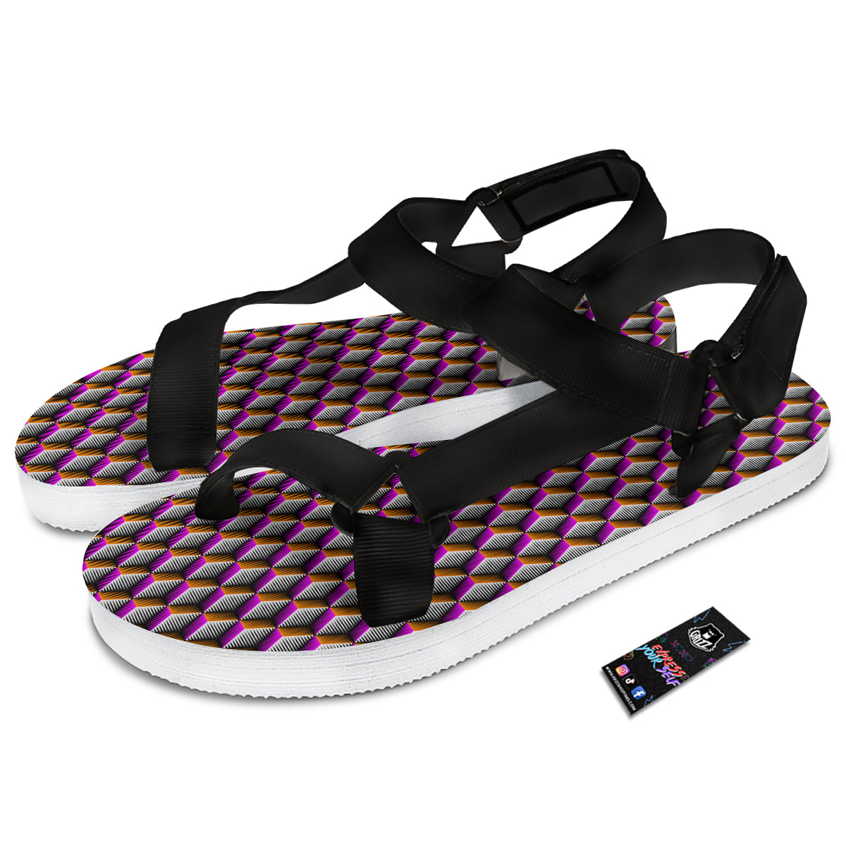 3D Rhombus Print Pattern Black Open Toe Sandals-grizzshop
