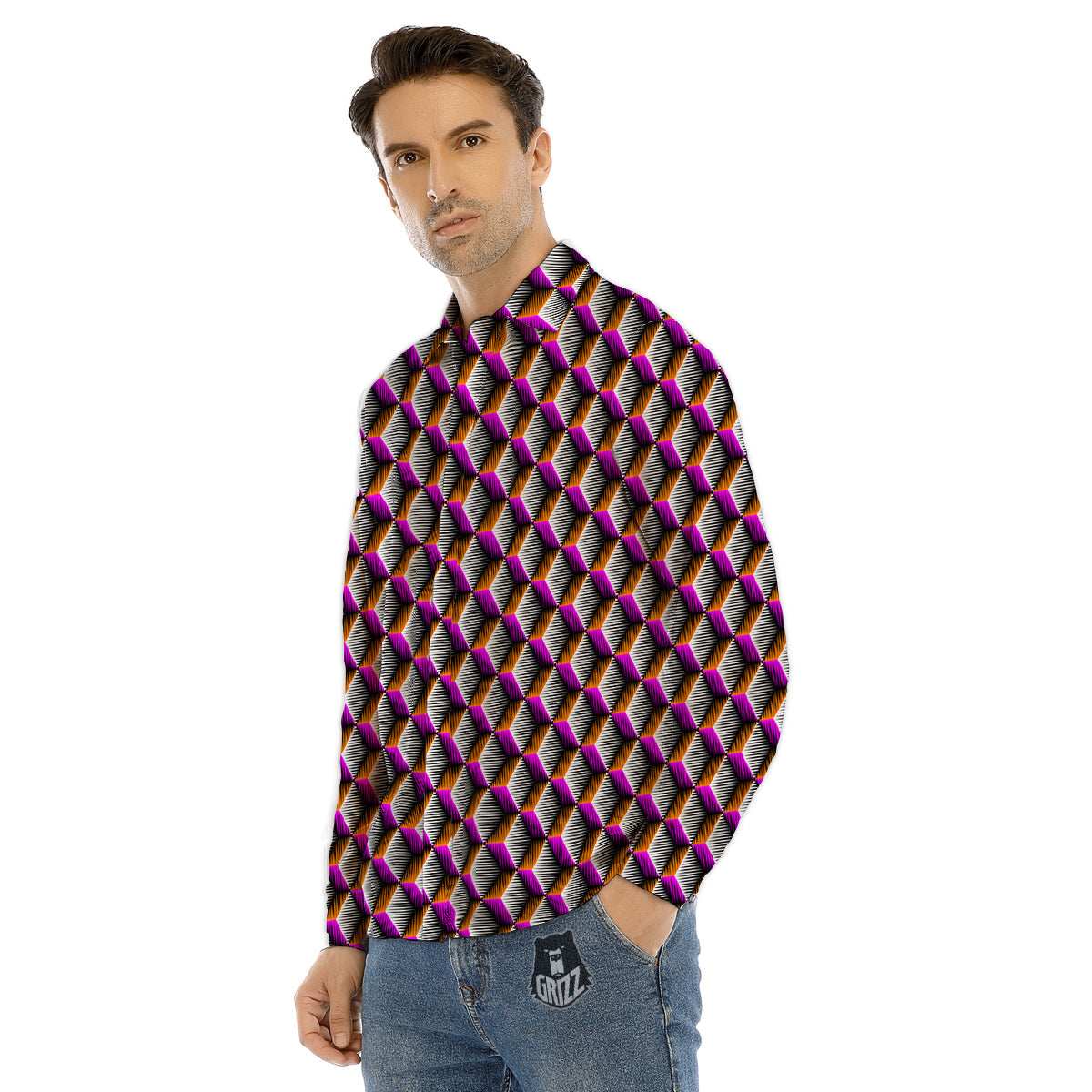 3D Rhombus Print Pattern Men's Dress Shirts-grizzshop