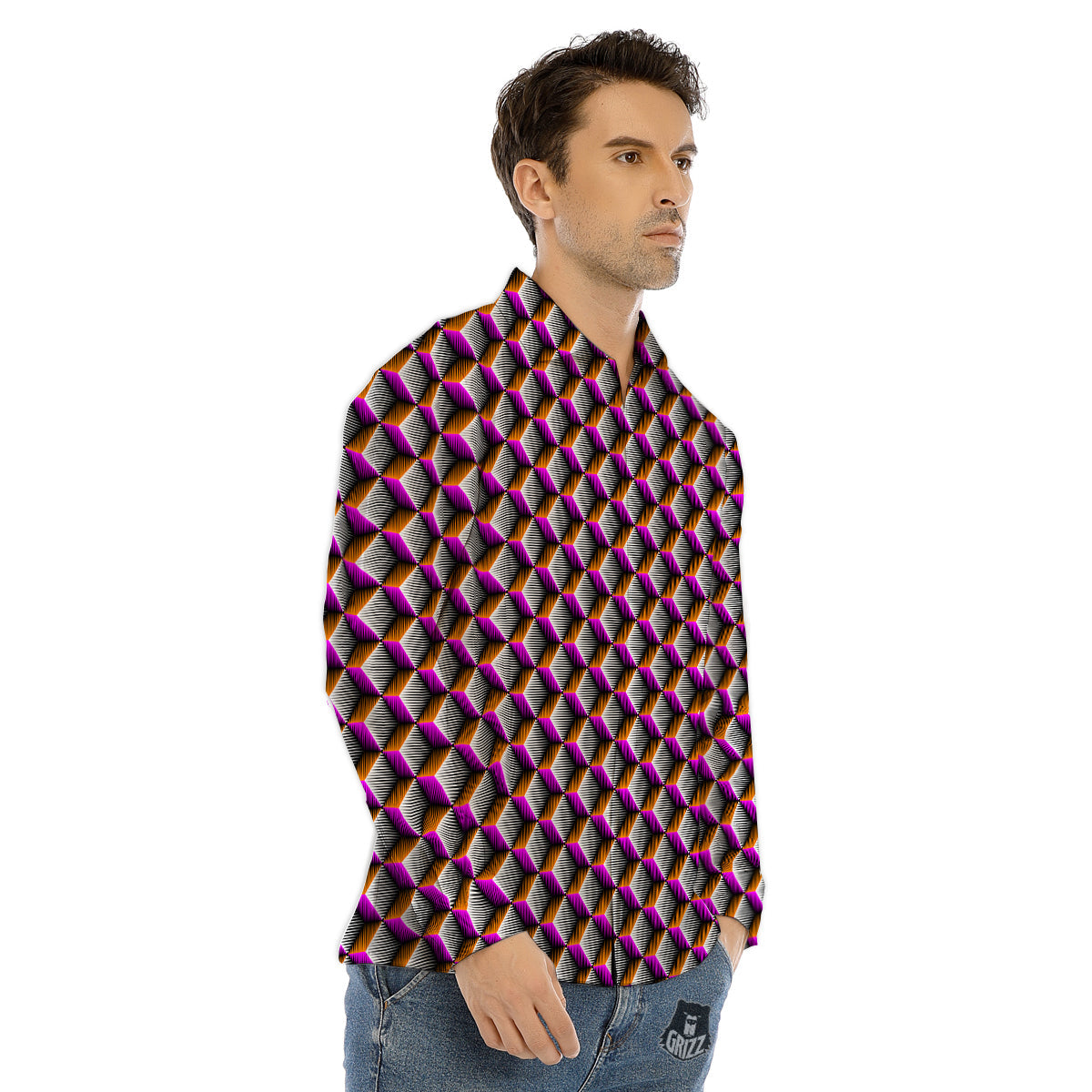 3D Rhombus Print Pattern Men's Dress Shirts-grizzshop