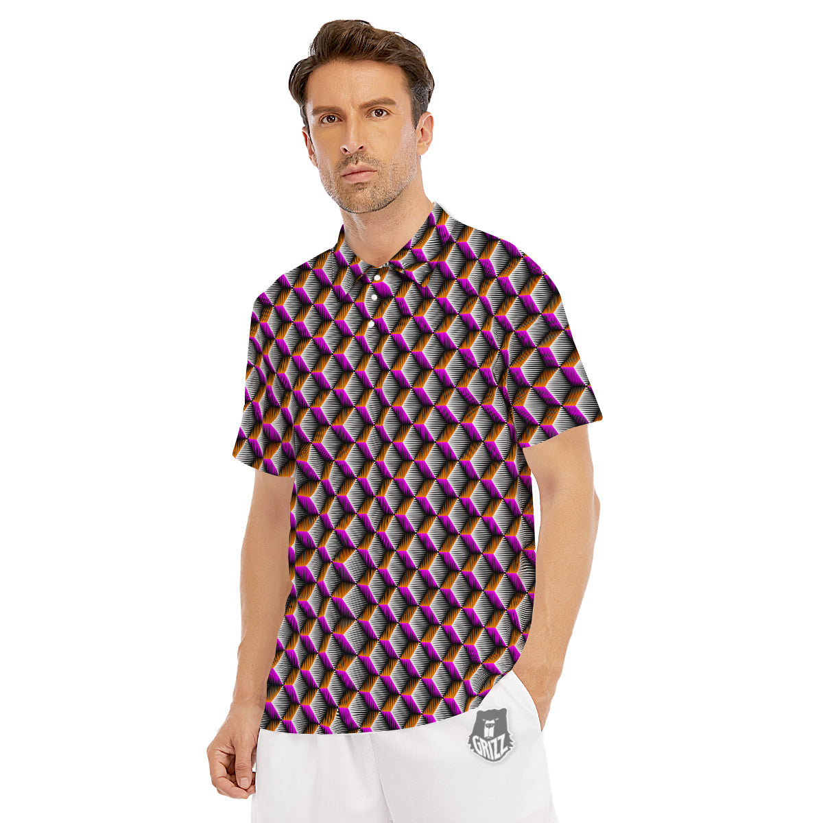 3D Rhombus Print Pattern Men's Golf Shirts-grizzshop