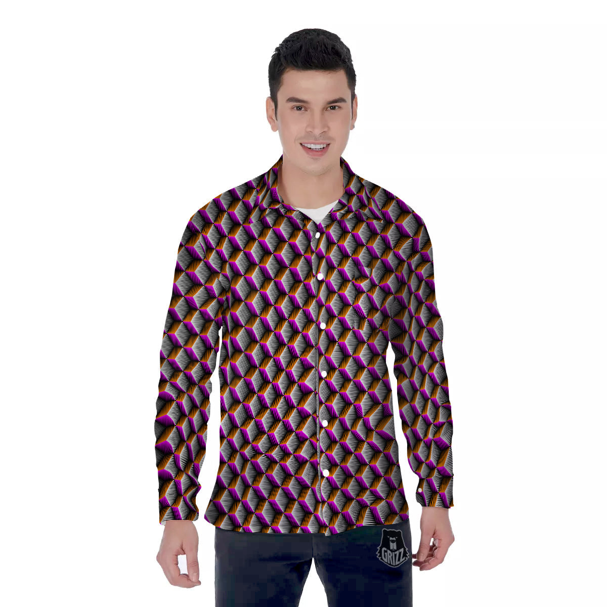 3D Rhombus Print Pattern Men's Long Sleeve Shirts-grizzshop