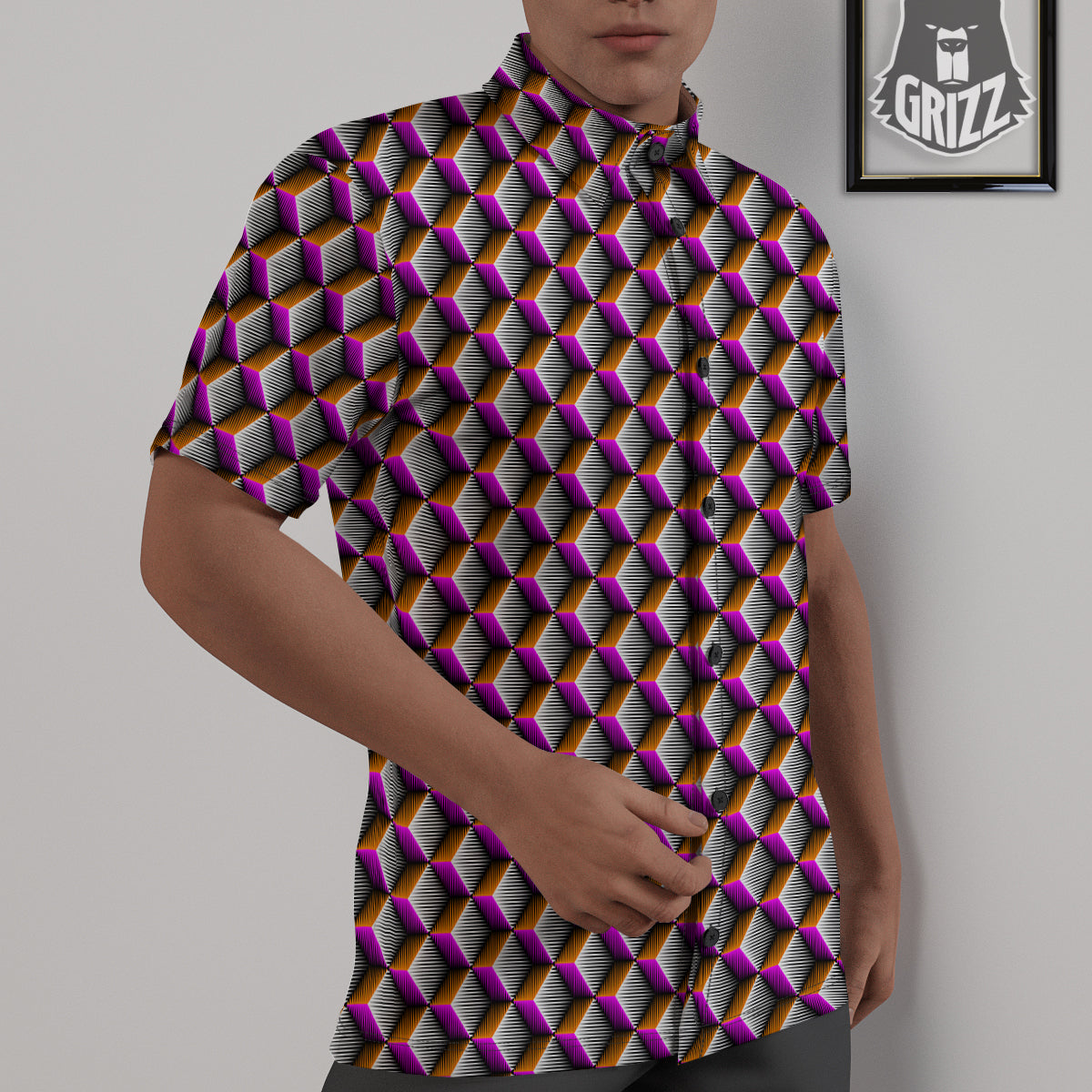 3D Rhombus Print Pattern Untucked Shirts-grizzshop