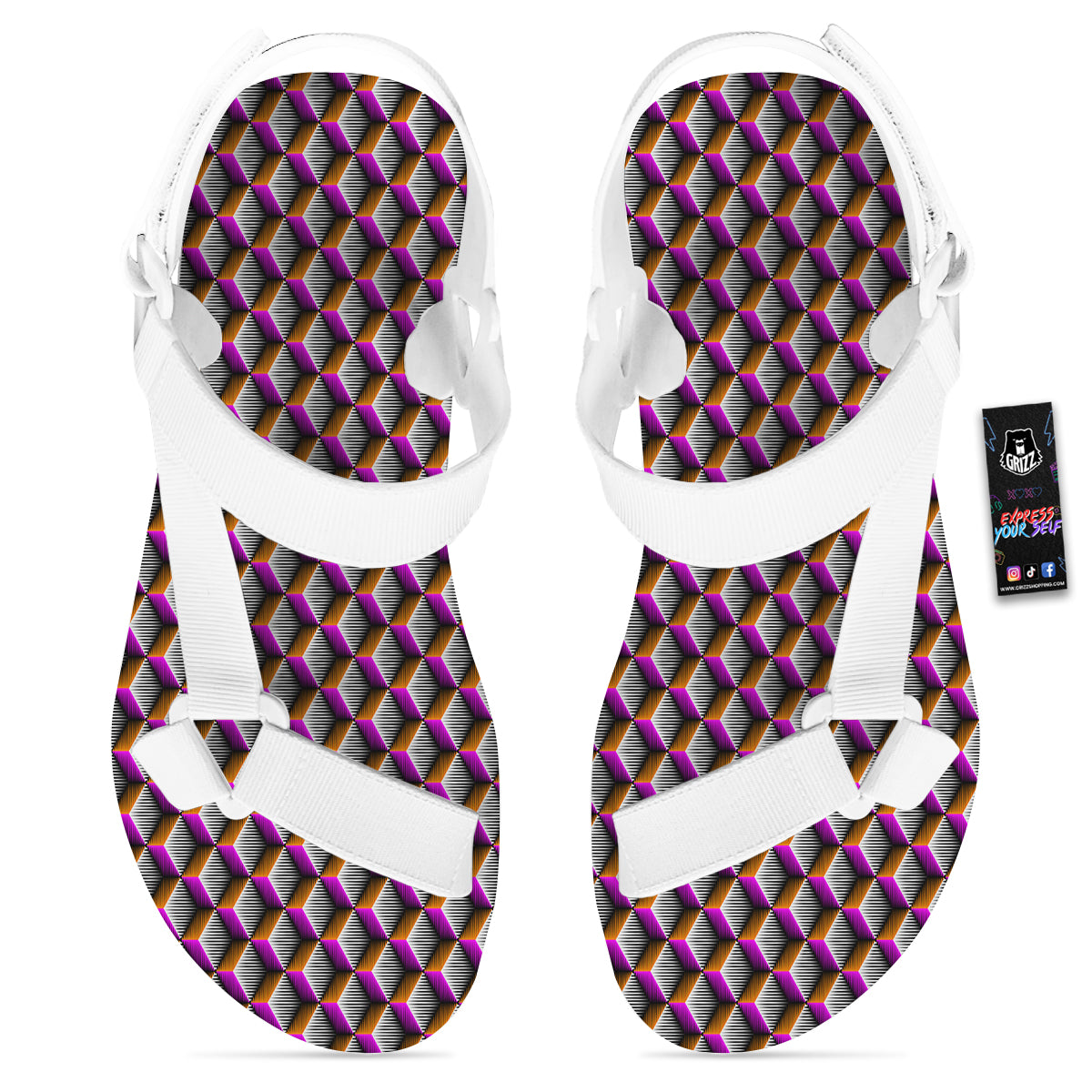 3D Rhombus Print Pattern White Open Toe Sandals-grizzshop