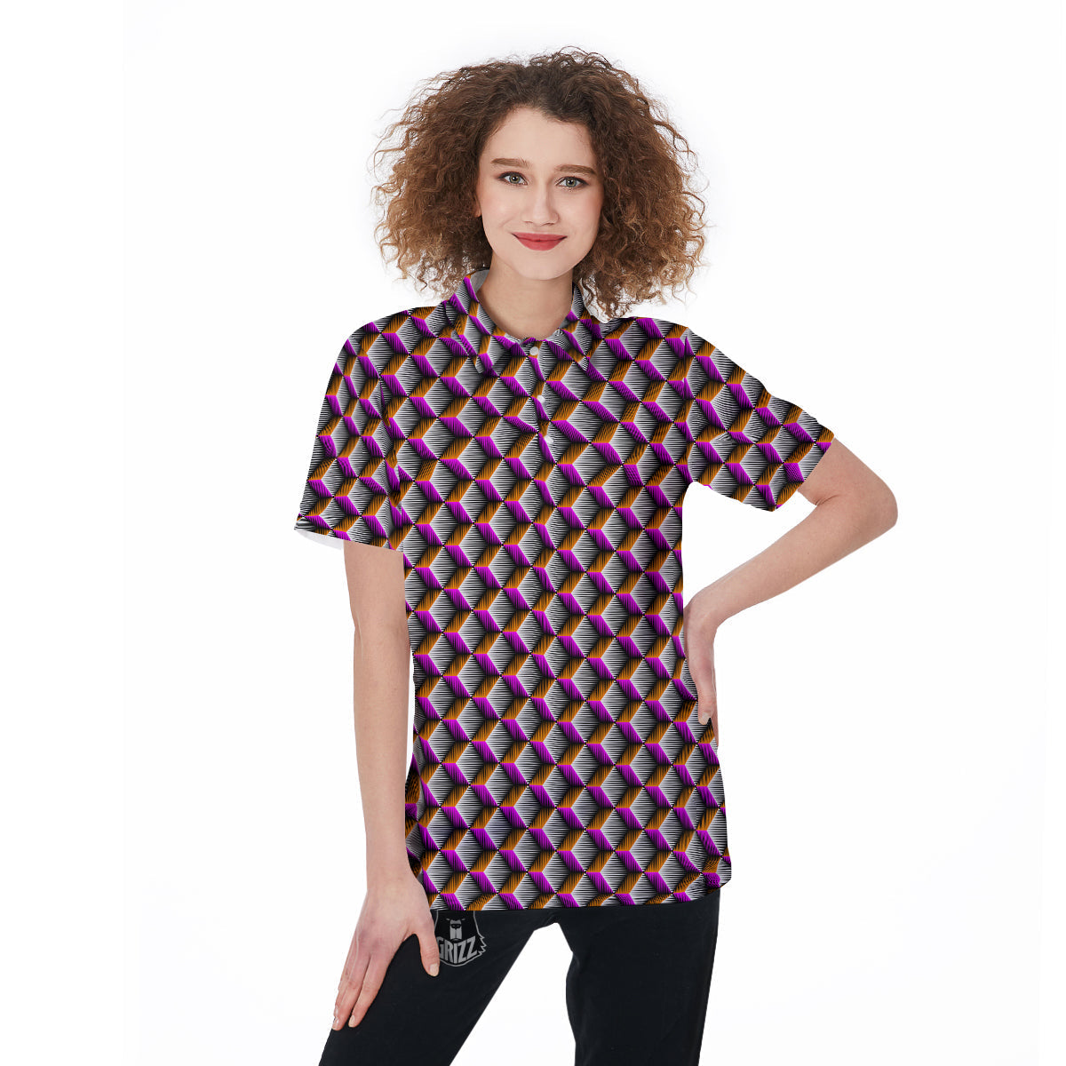 3D Rhombus Print Pattern Women's Golf Shirts-grizzshop