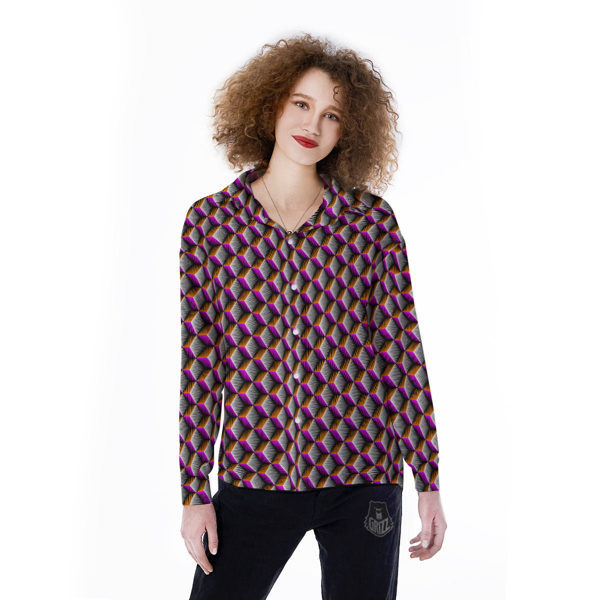 3D Rhombus Print Pattern Women's Long Sleeve Shirts-grizzshop