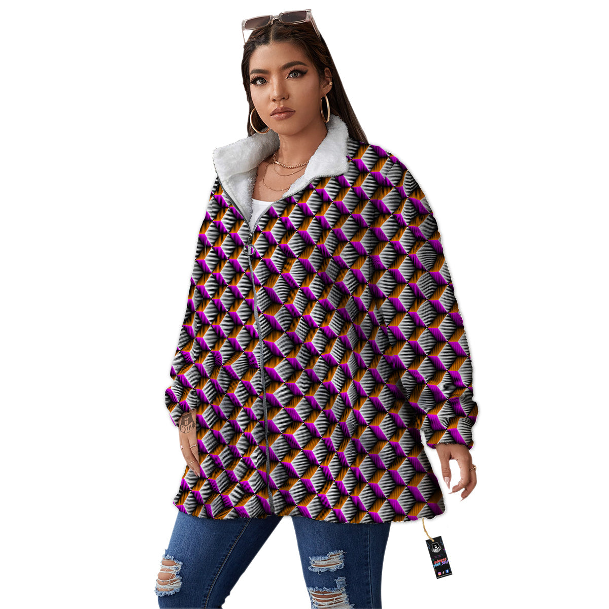 3D Rhombus Print Pattern Women's Sherpa Jacket-grizzshop