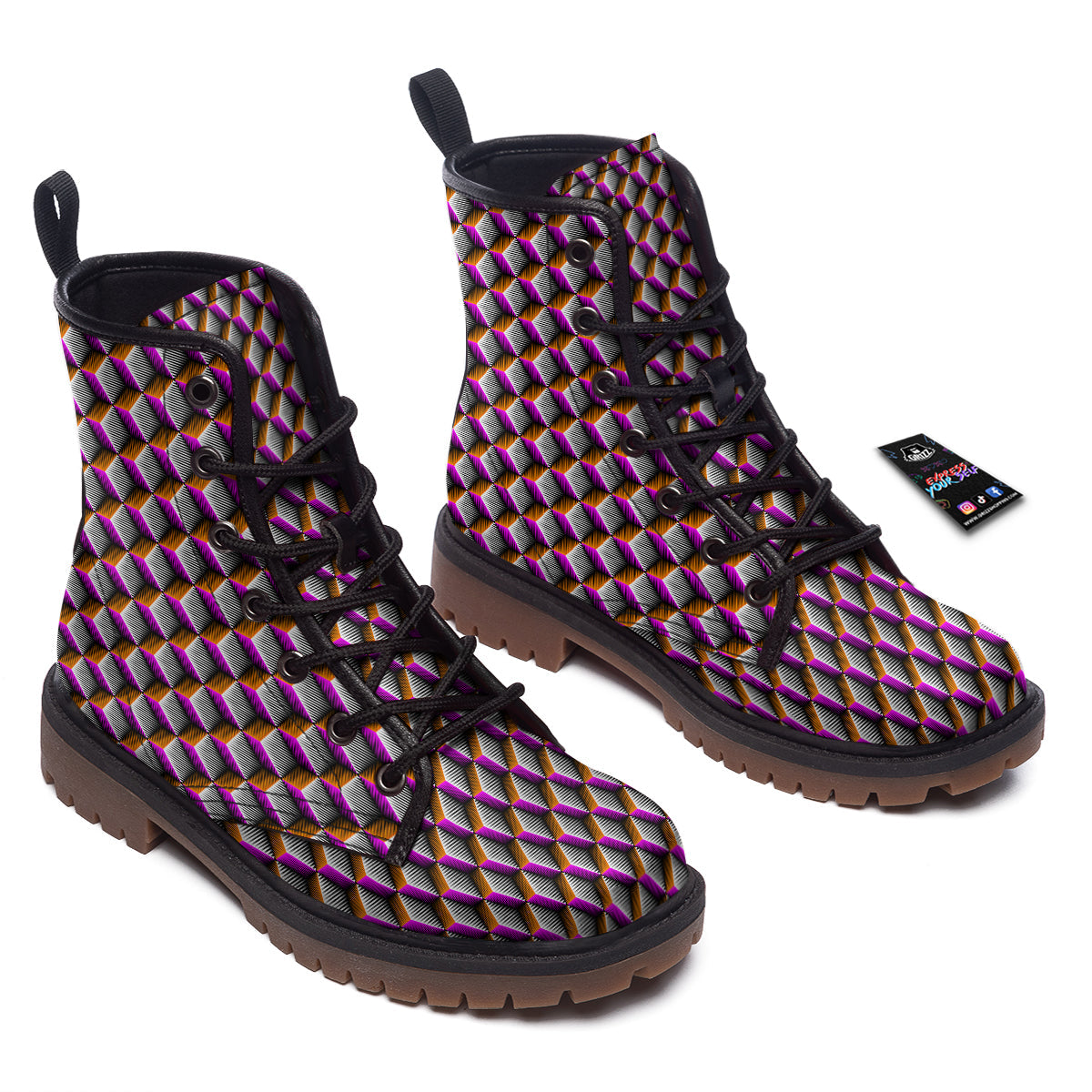 3D Rhombus Print Pattern Work Boots-grizzshop