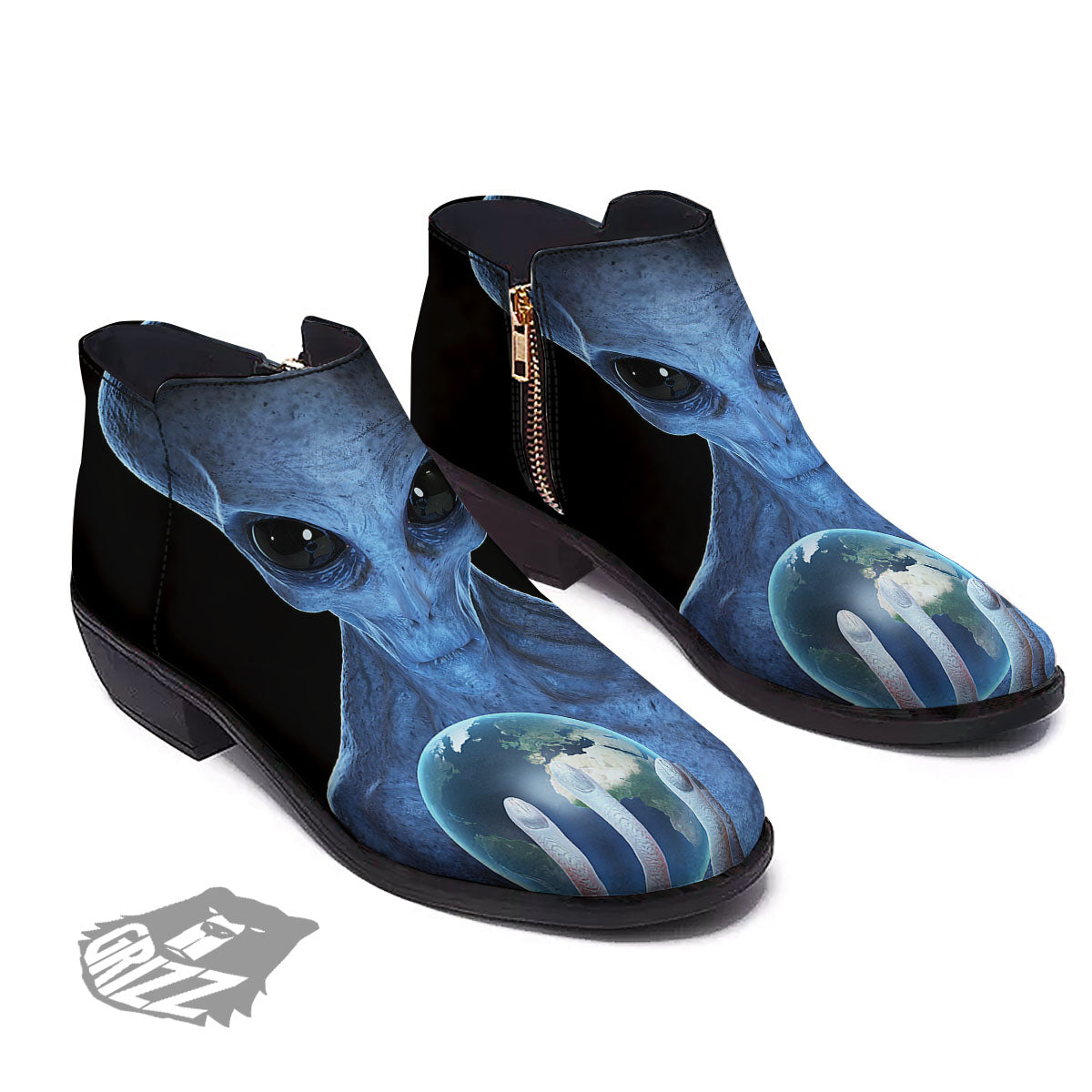 3D Scary Alien Grey Print Ankle Boots-grizzshop