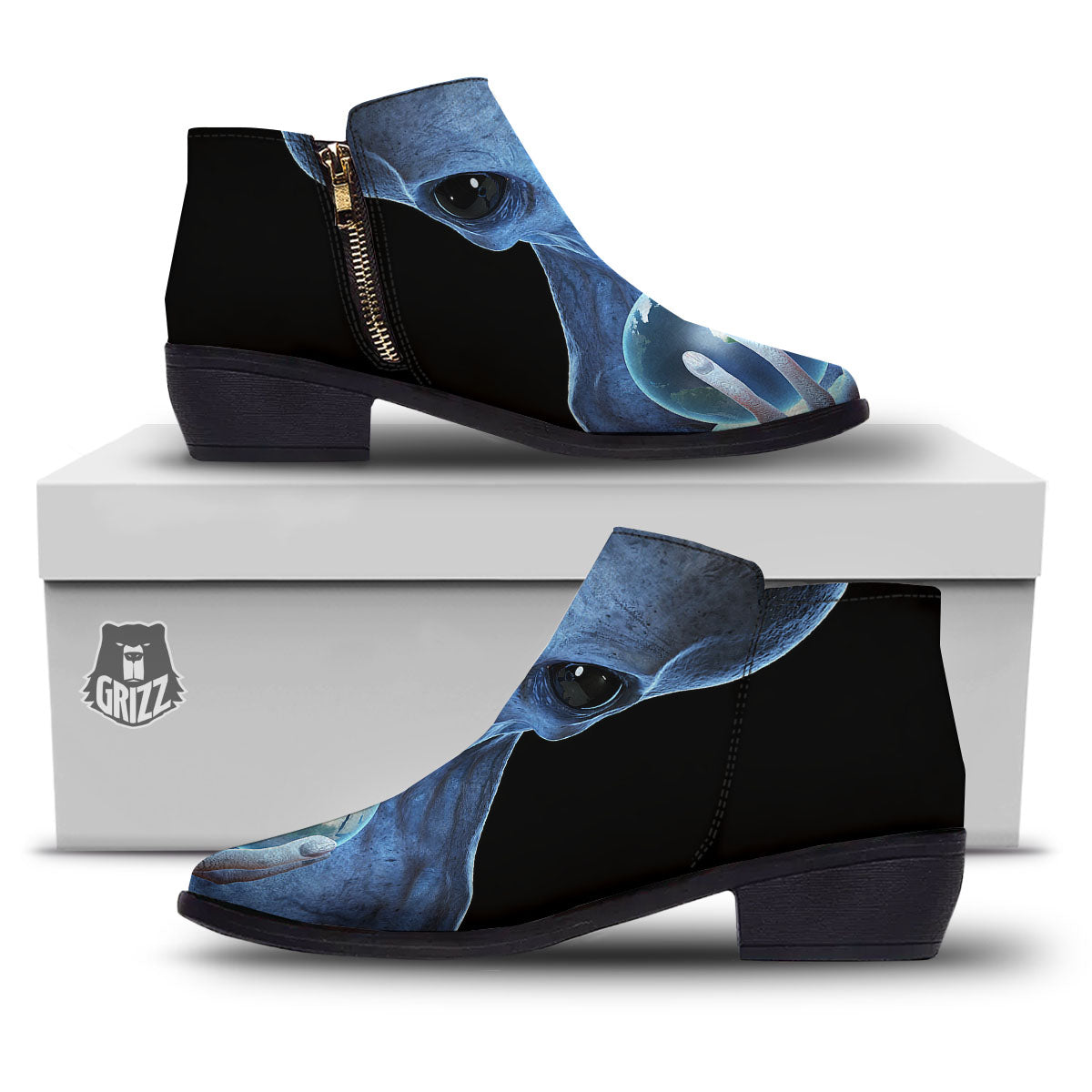 3D Scary Alien Grey Print Ankle Boots-grizzshop