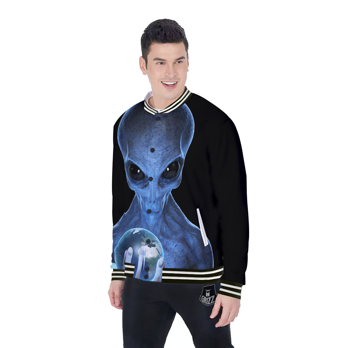 3D Scary Alien Grey Print Baseball Jacket-grizzshop