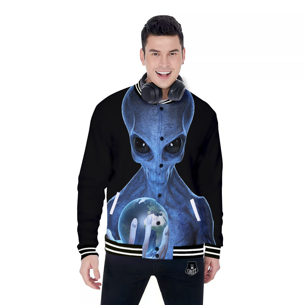 3D Scary Alien Grey Print Baseball Jacket-grizzshop