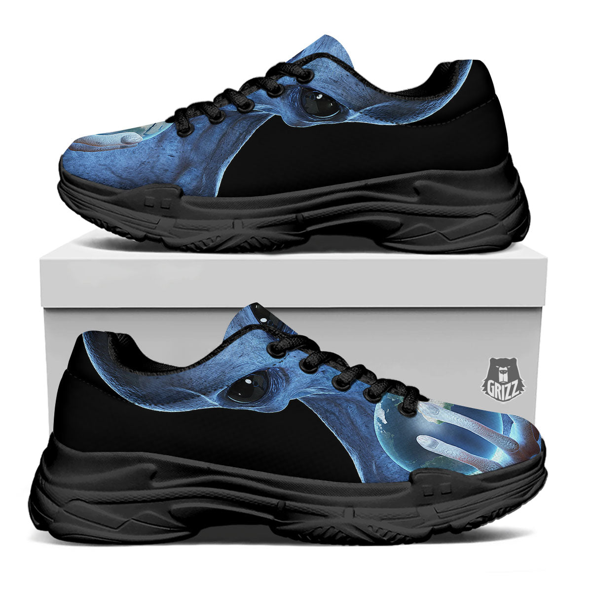 3D Scary Alien Grey Print Black Chunky Shoes-grizzshop