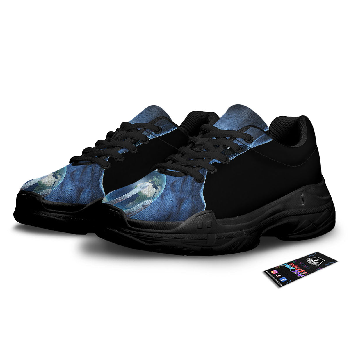 3D Scary Alien Grey Print Black Chunky Shoes-grizzshop