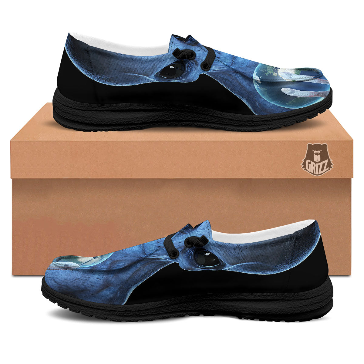 3D Scary Alien Grey Print Black Loafers-grizzshop