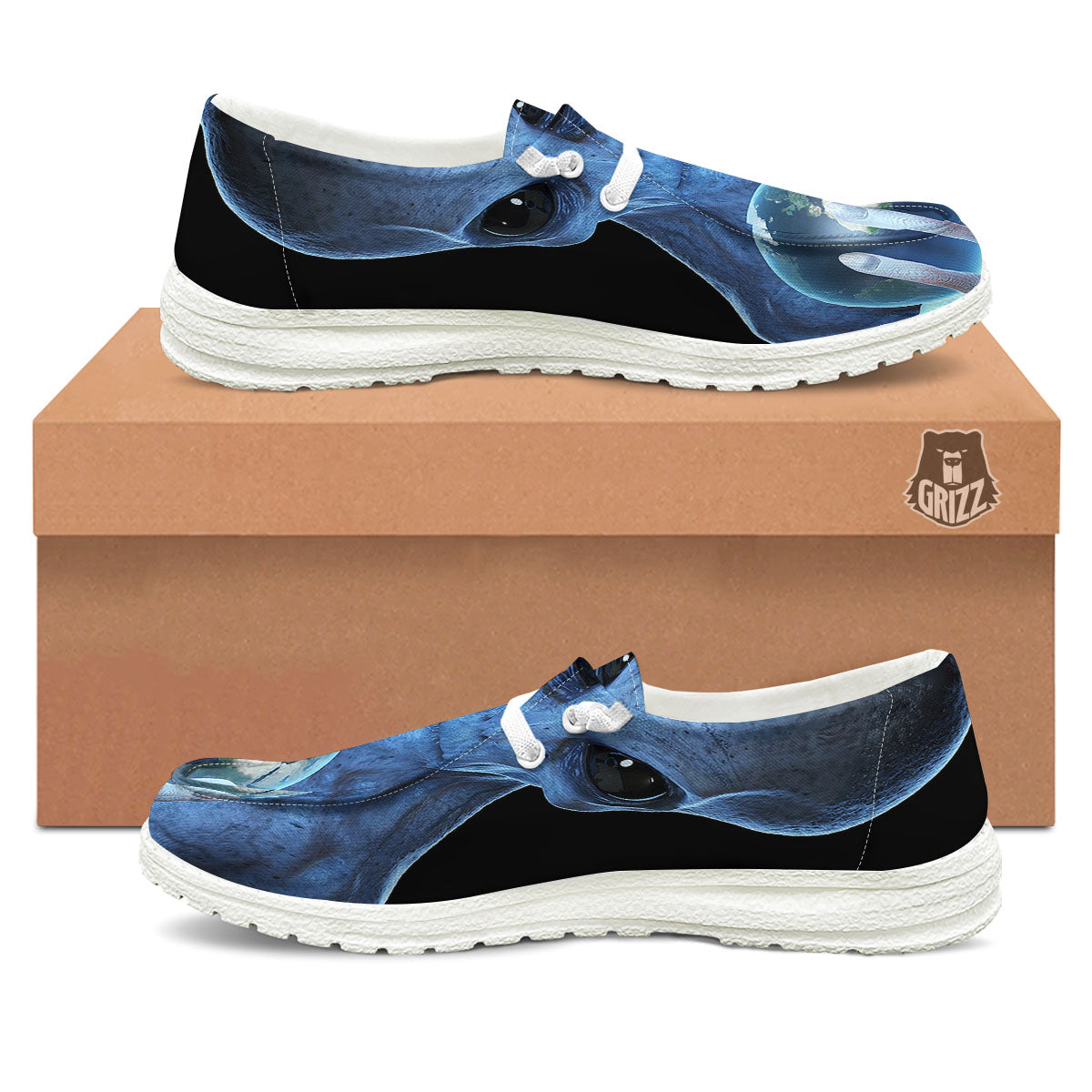 3D Scary Alien Grey Print Black Loafers-grizzshop