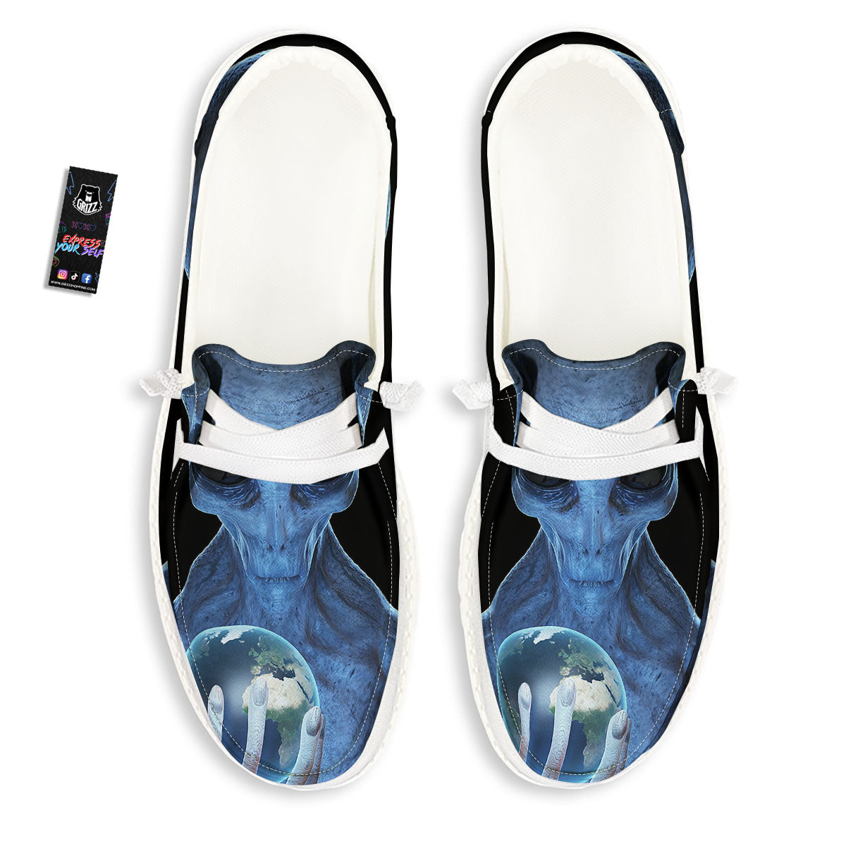 3D Scary Alien Grey Print Black Loafers-grizzshop