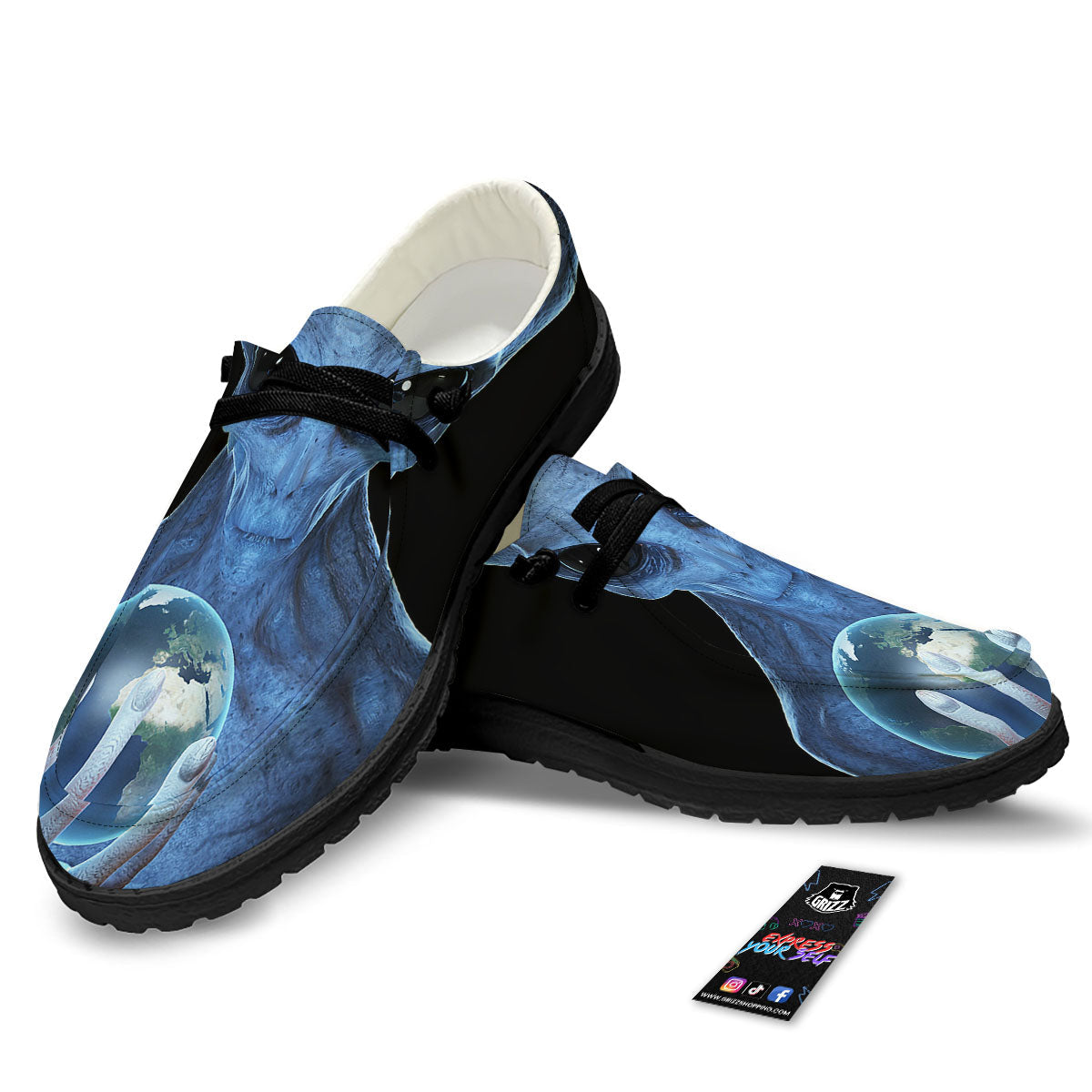 3D Scary Alien Grey Print Black Loafers-grizzshop