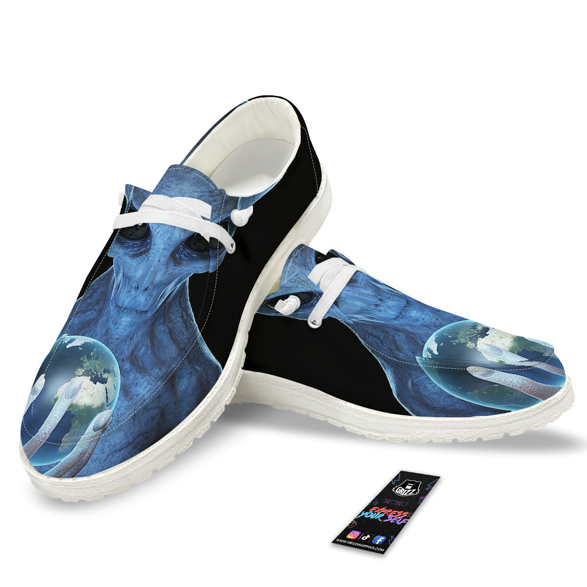 3D Scary Alien Grey Print Black Loafers-grizzshop