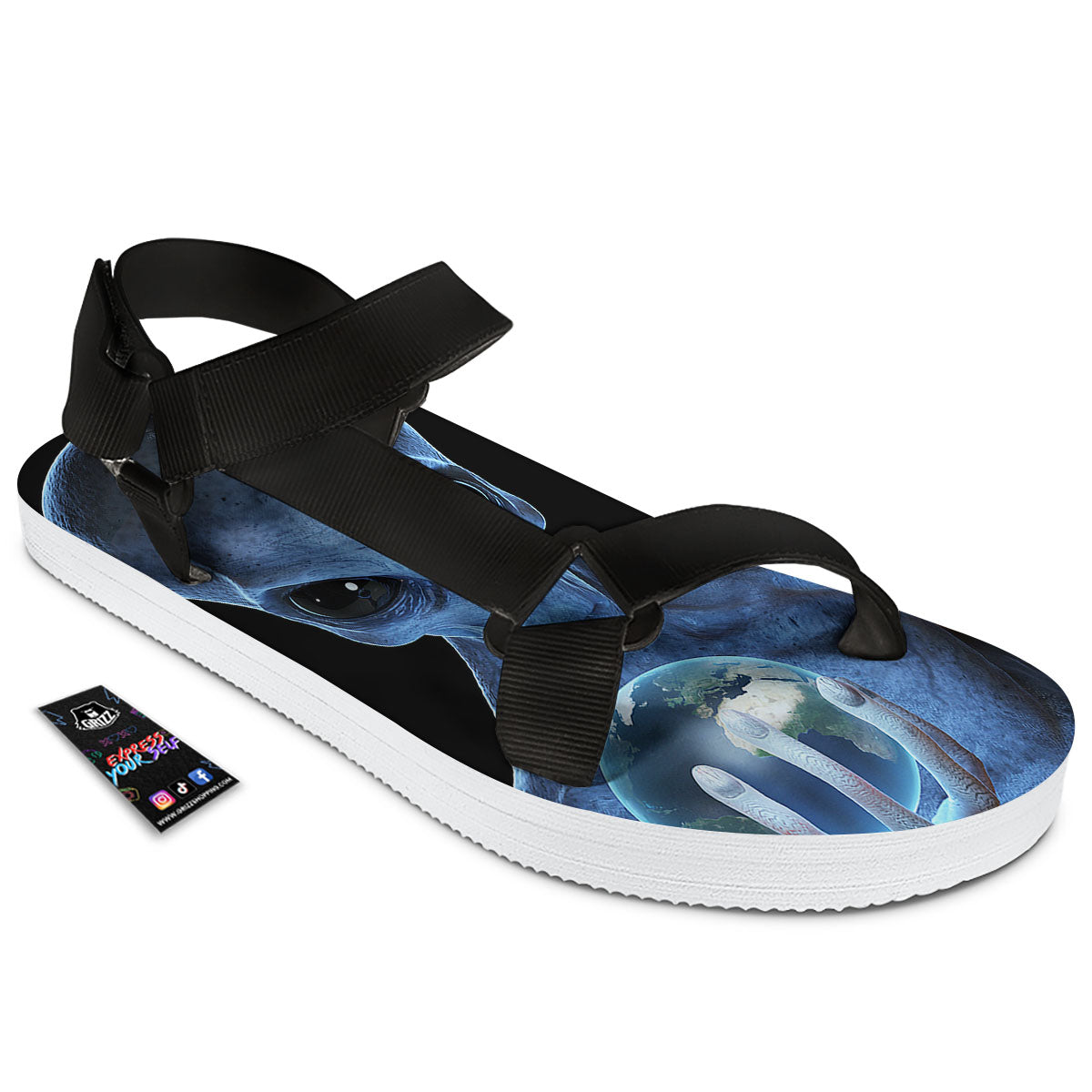 3D Scary Alien Grey Print Black Open Toe Sandals-grizzshop