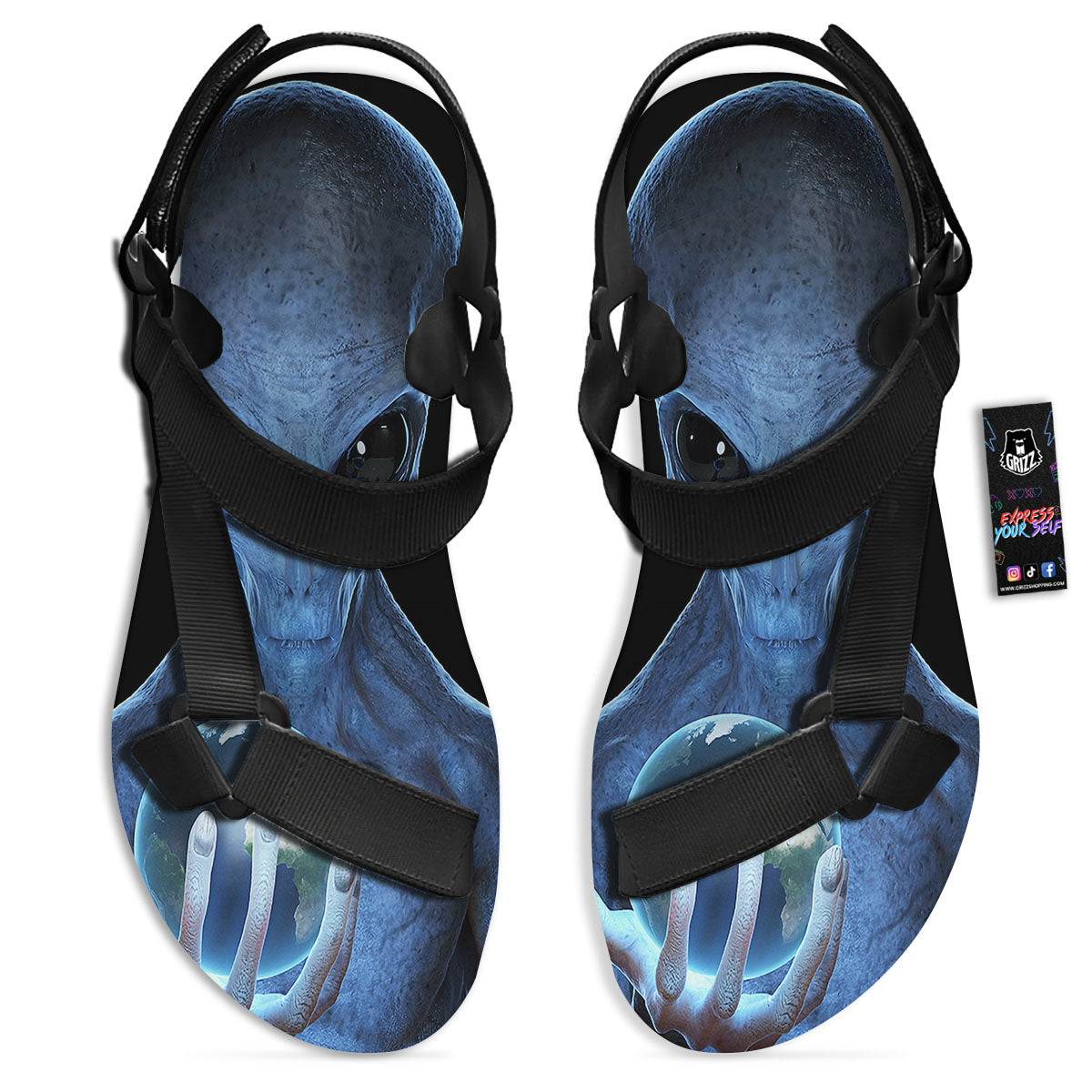 3D Scary Alien Grey Print Black Open Toe Sandals-grizzshop