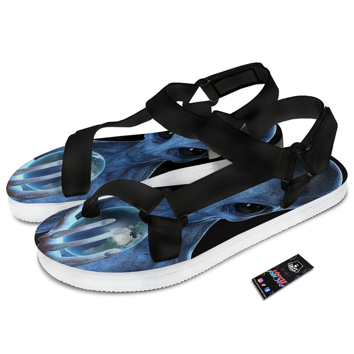 3D Scary Alien Grey Print Black Open Toe Sandals-grizzshop