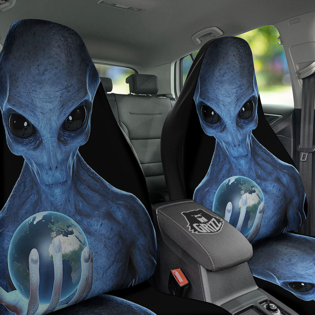3D Scary Alien Grey Print Car Seat Covers-grizzshop