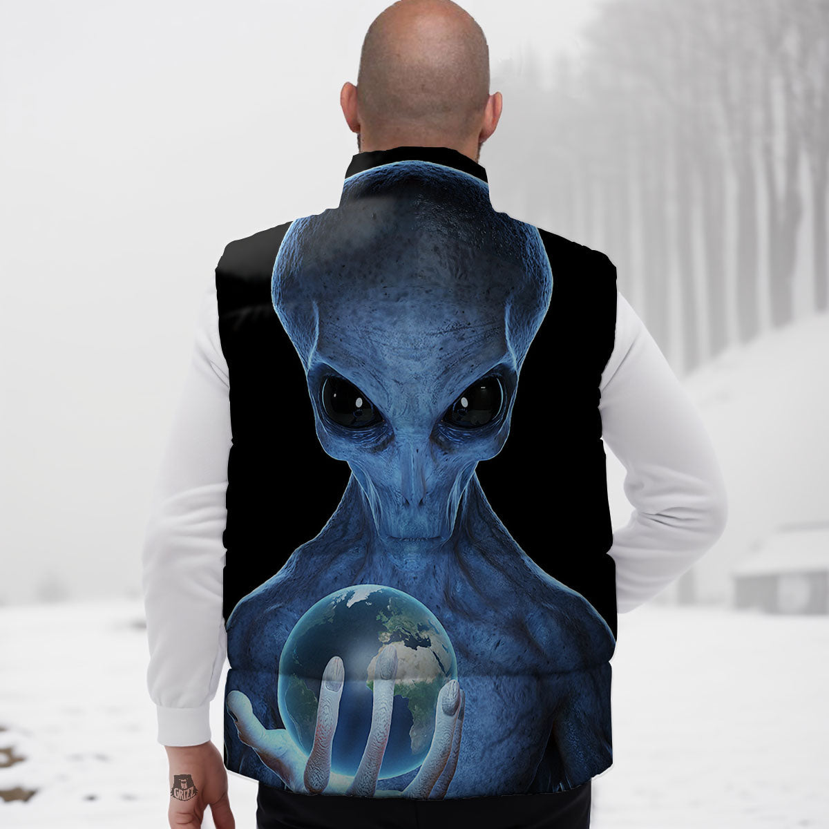 3D Scary Alien Grey Print Down Vest