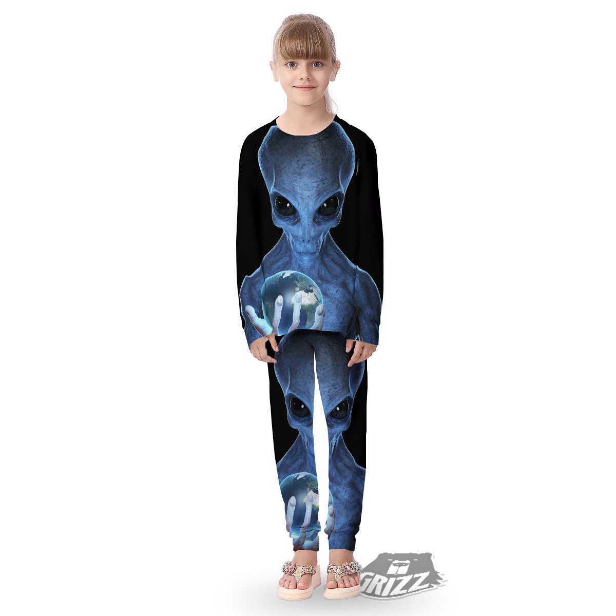 3D Scary Alien Grey Print Kid's Pajamas-grizzshop