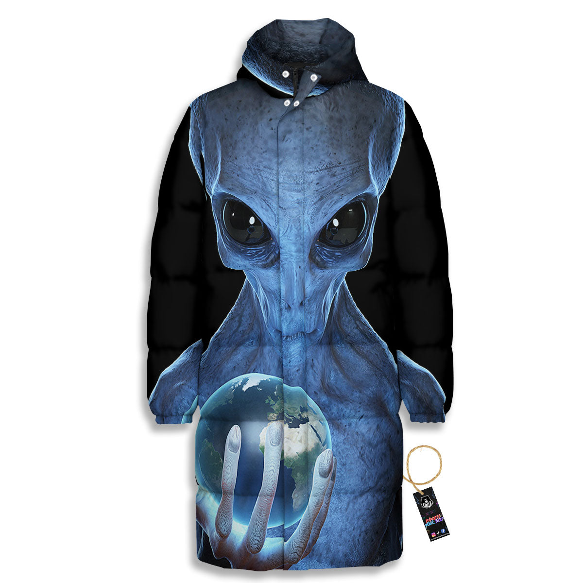 3D Scary Alien Grey Print Long Down Jacket-grizzshop
