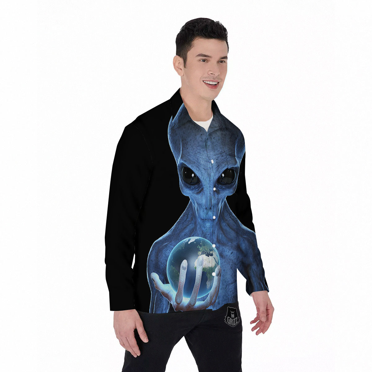 3D Scary Alien Grey Print Men's Long Sleeve Shirts-grizzshop