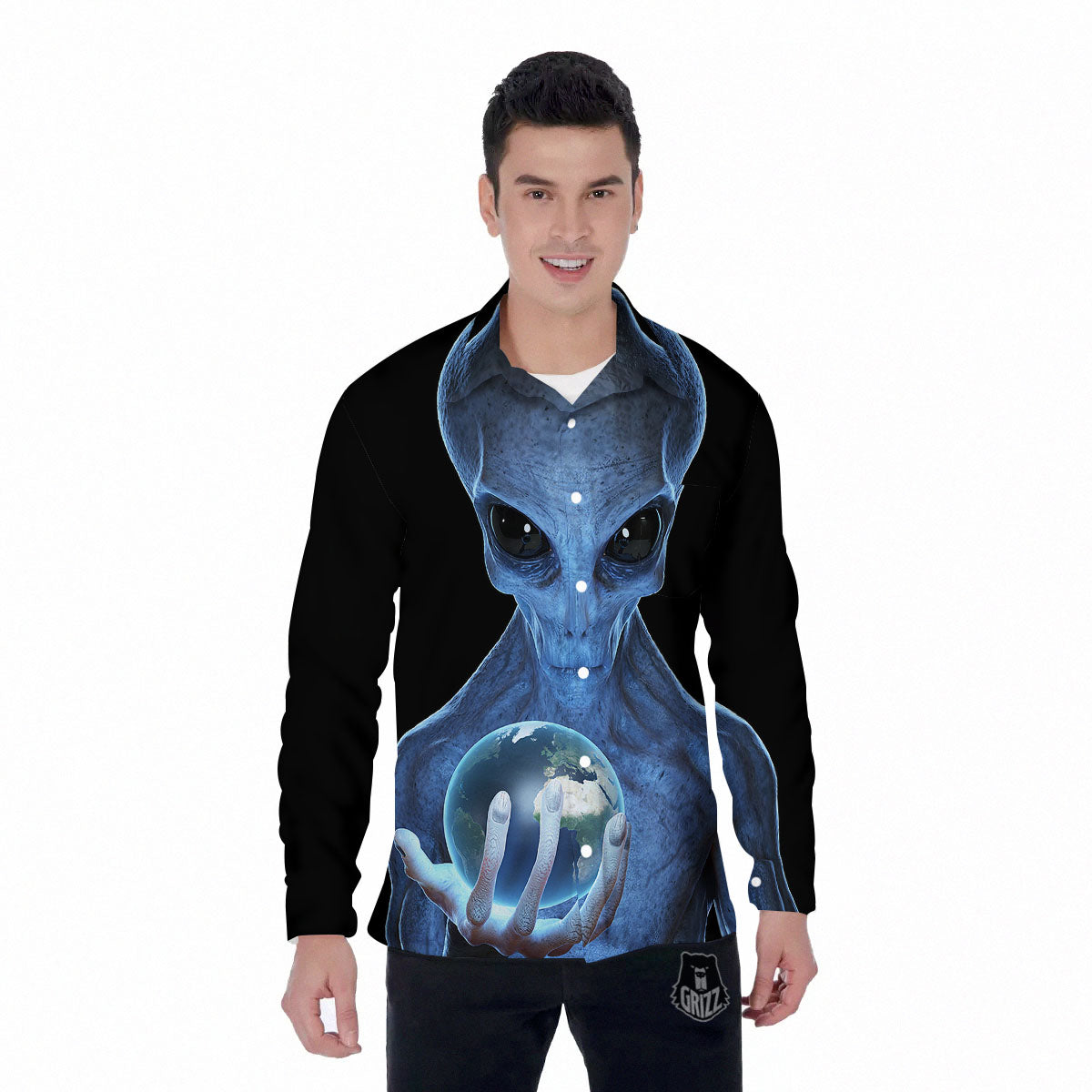 3D Scary Alien Grey Print Men's Long Sleeve Shirts-grizzshop
