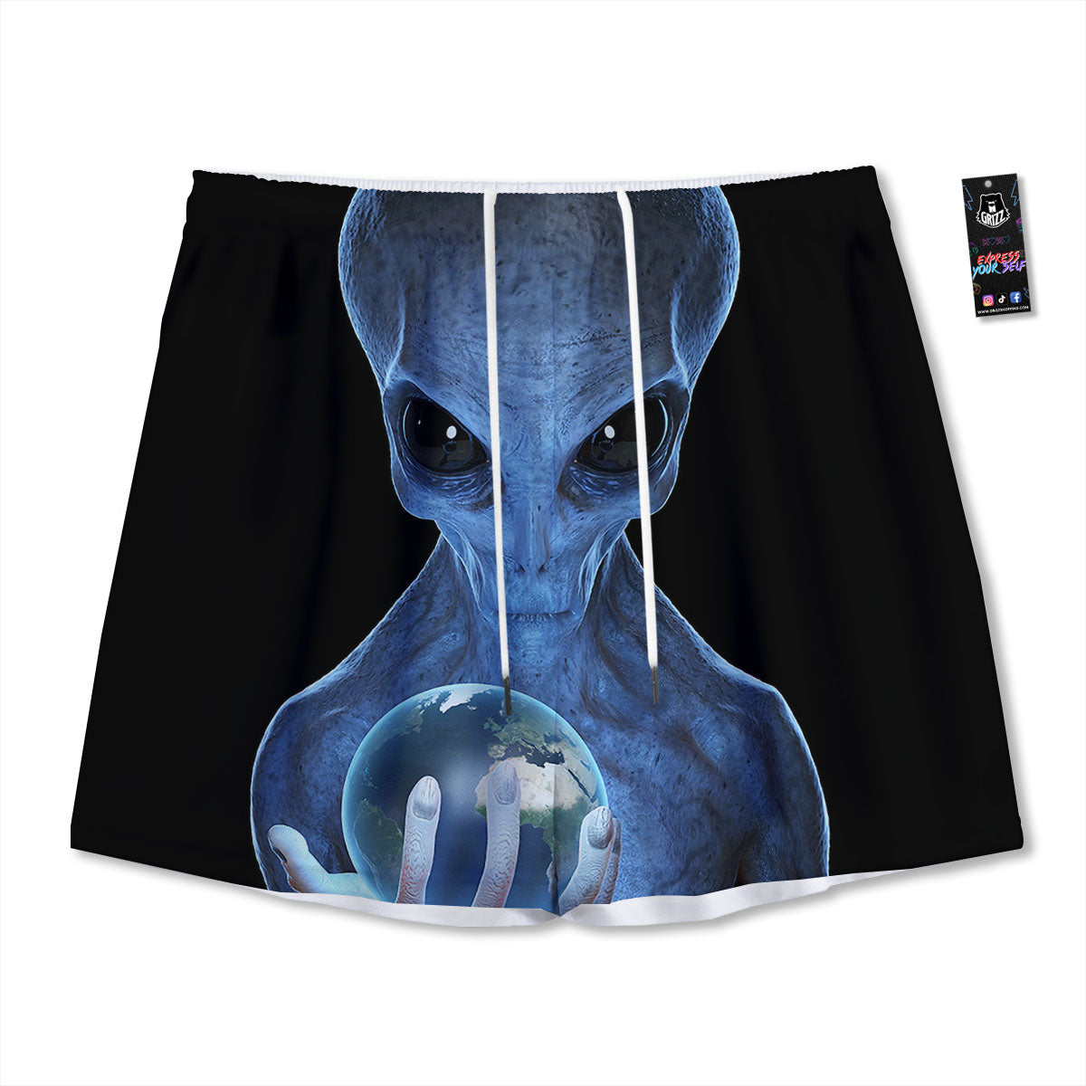 3D Scary Alien Grey Print Mesh Shorts
