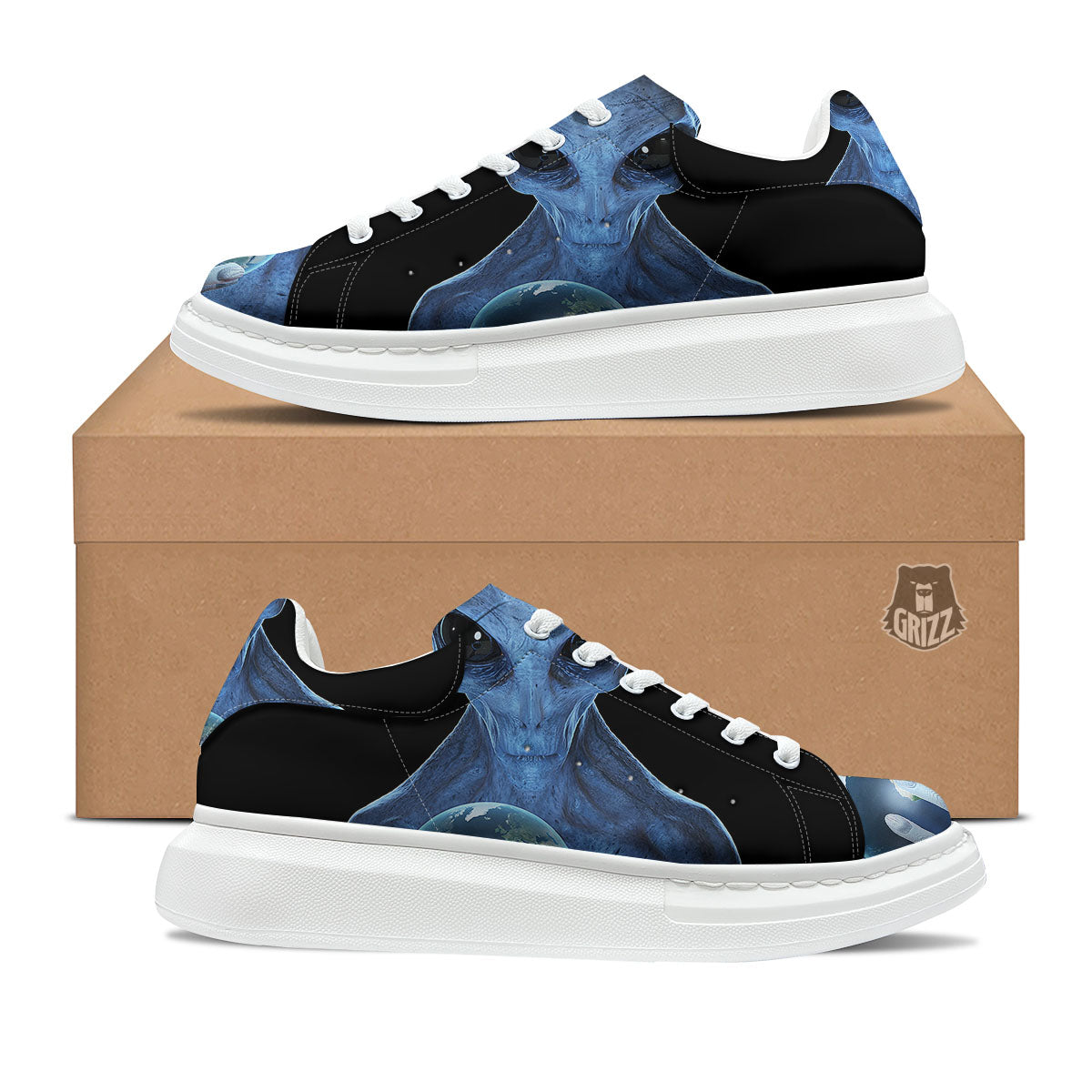 3D Scary Alien Grey Print Platform Shoes-grizzshop