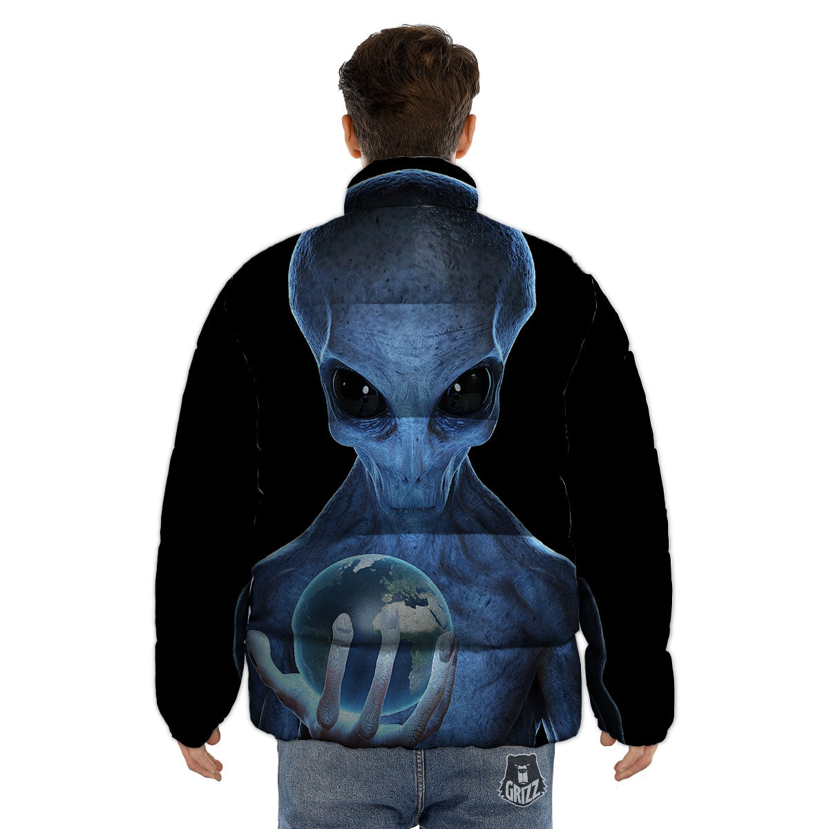3D Scary Alien Grey Print Puffer Jacket-grizzshop