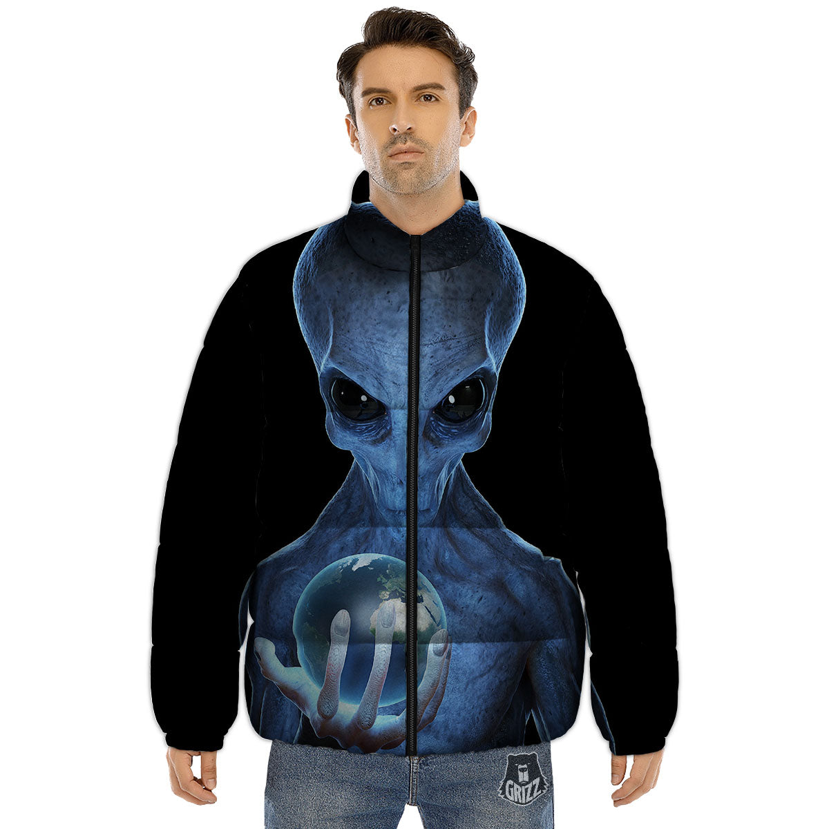 3D Scary Alien Grey Print Puffer Jacket-grizzshop