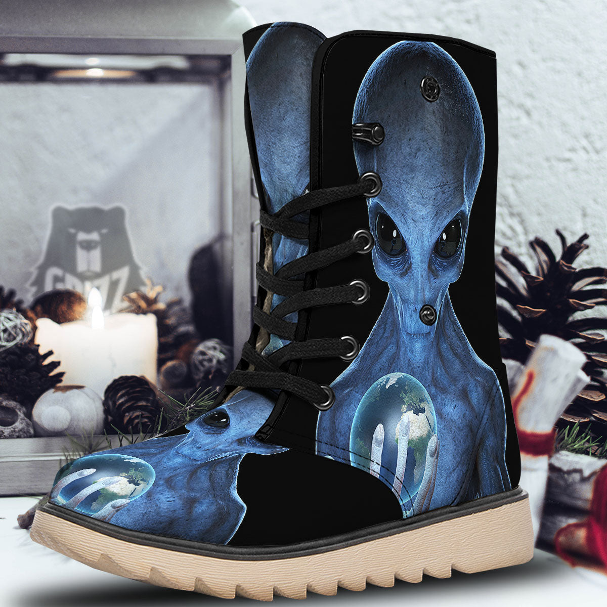 3D Scary Alien Grey Print Snow Boots-grizzshop