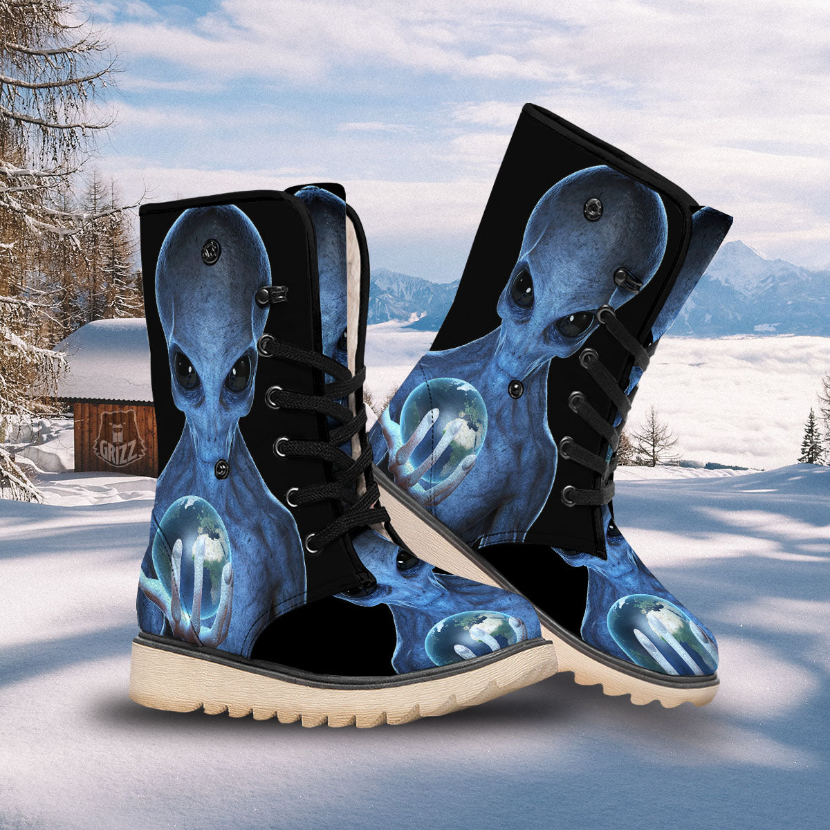 3D Scary Alien Grey Print Snow Boots-grizzshop