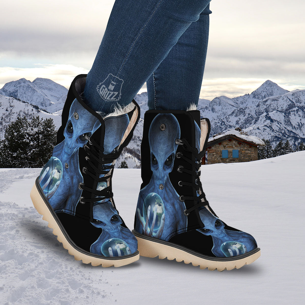 3D Scary Alien Grey Print Snow Boots-grizzshop