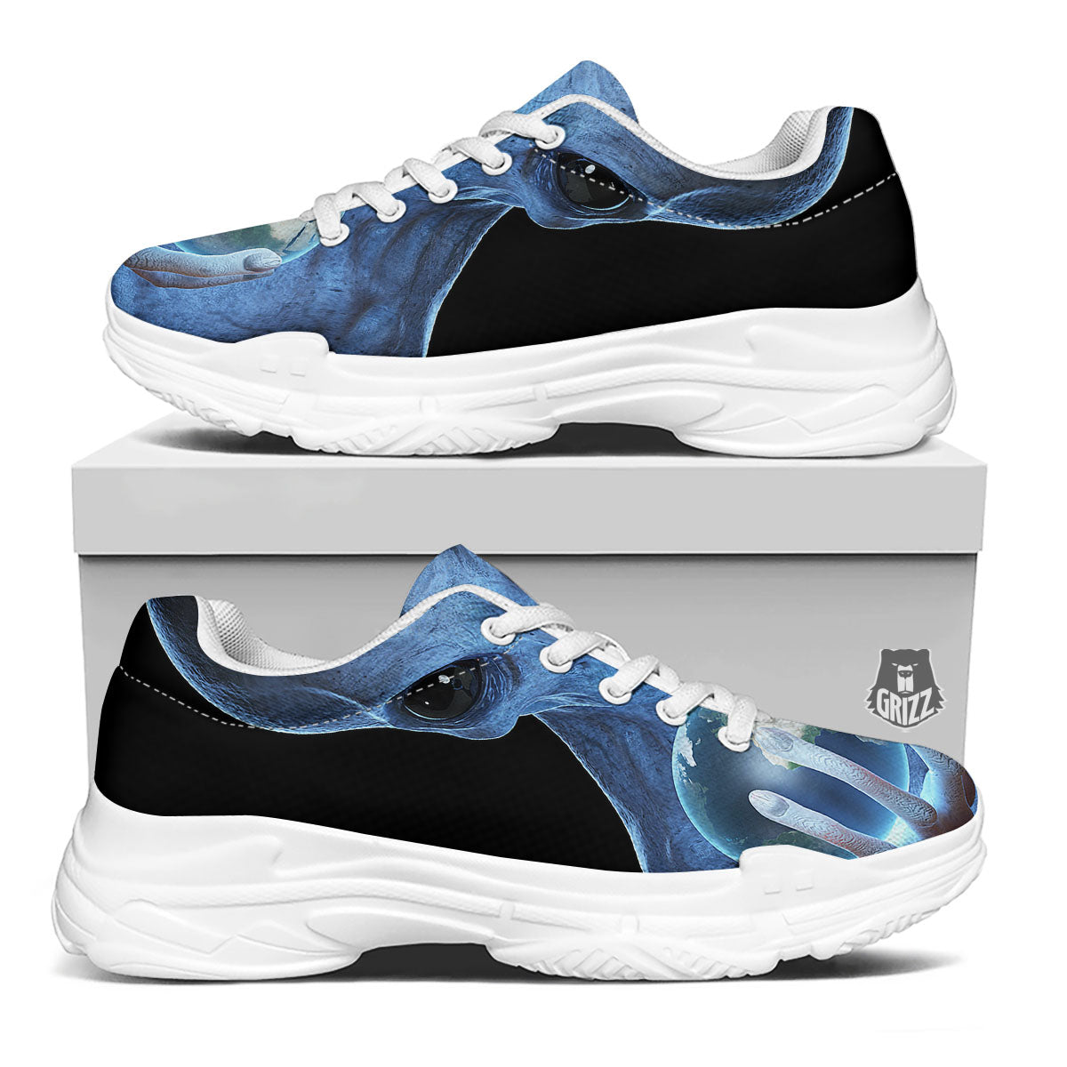 3D Scary Alien Grey Print White Chunky Shoes-grizzshop