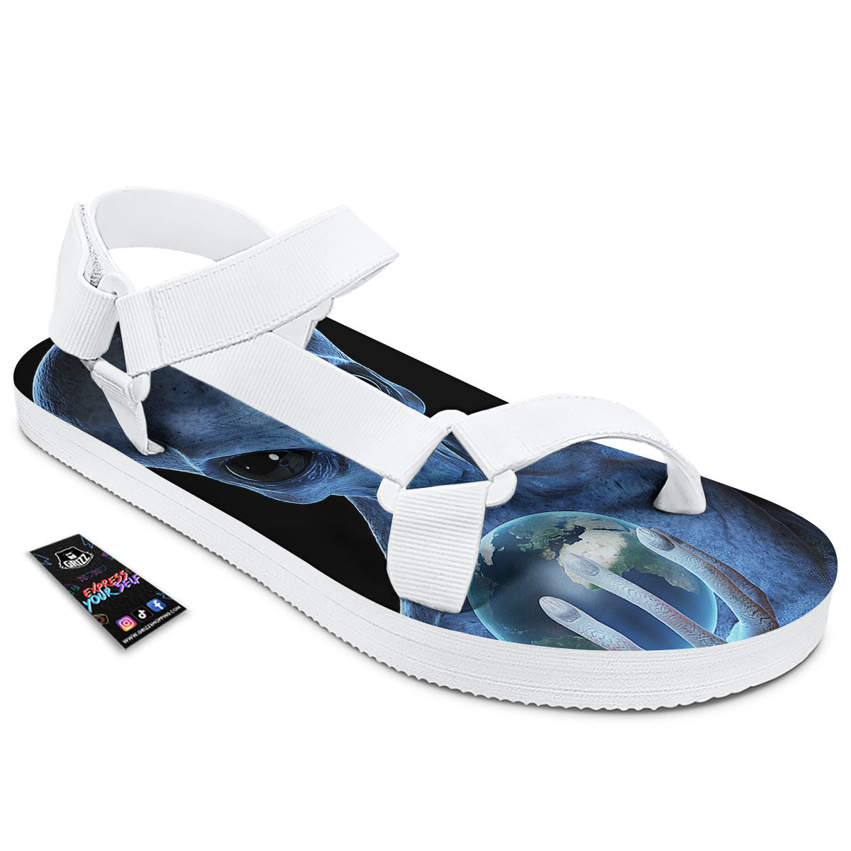 3D Scary Alien Grey Print White Open Toe Sandals-grizzshop