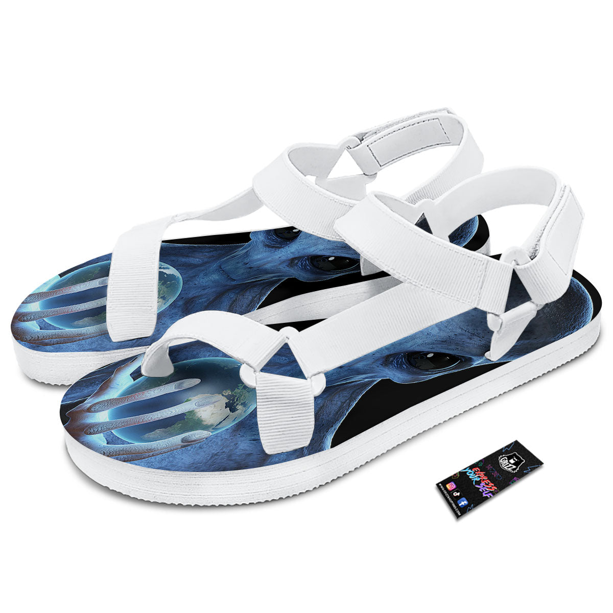 3D Scary Alien Grey Print White Open Toe Sandals-grizzshop