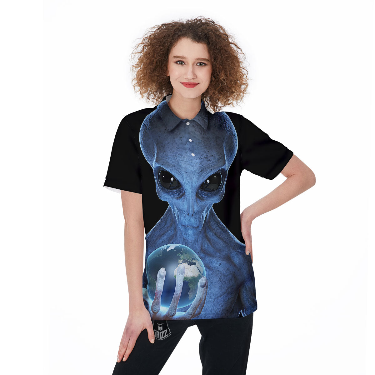 3D Scary Alien Grey Print Women's Golf Shirts-grizzshop